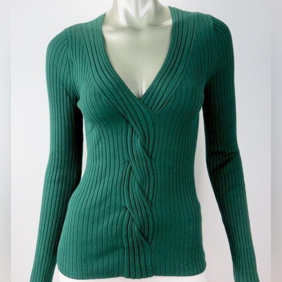 Express Shirt Y2K Green Ribbed Long Sleeved Deep V-neck Shirt Size Small - Picture 1 of 7